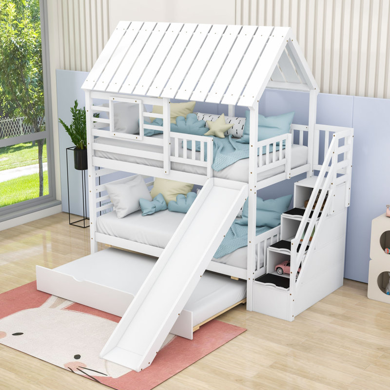 Twin Over Twin House-Shaped Bunk Bed With Twin Trundle, Storage Stairs And Slide, White