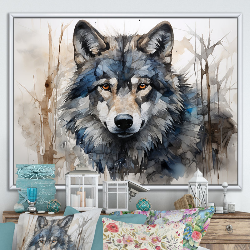 Minimalisme bleu et gris, expression du loup sur toile - loup, H 12 po x l 20 po x P 1 po, Cadre flottant blanc