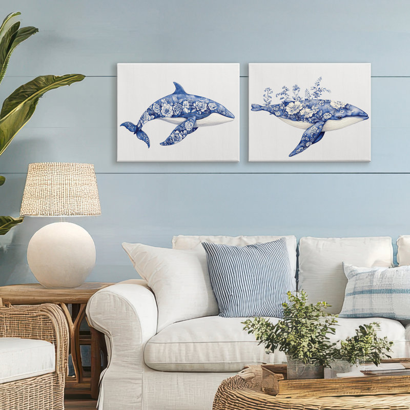 Ensemble de 2 toiles de baleines en fleurs, H 16 po x l 20 po