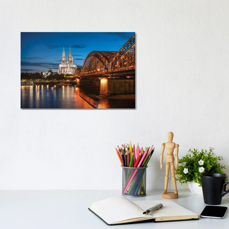 Cologne Skyline at Night with Cologne Cathedral and Hohenzollern Bridge 1 Piece Wrapped Canvas Wall Art