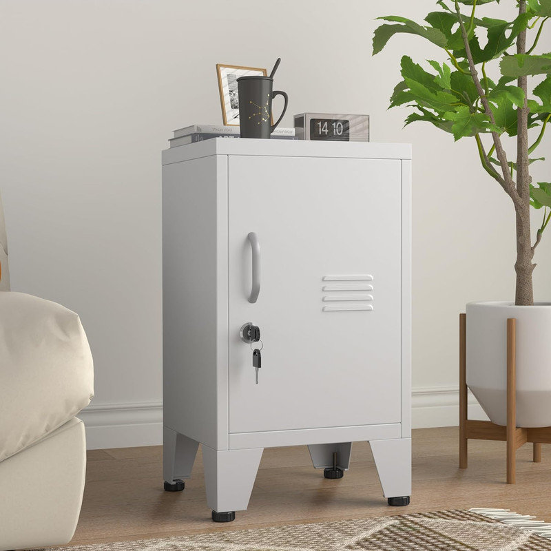 Metal Small NightStand Storage Cabinets with Lock and Adjustable Shelf, White