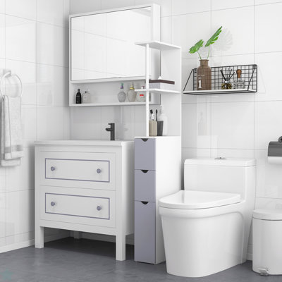 54" Tall Bathroom Storage Cabinet, Freestanding Linen Tower with 2-Tier Shelf and Drawers, Narrow Side Floor Organizer