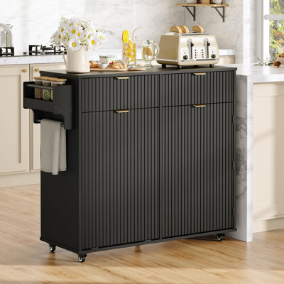 Îlot de cuisine roulant avec armoire de rangement pour poubelle, chariot mobile pour îlots cannelés de 40 po avec tiroirs
