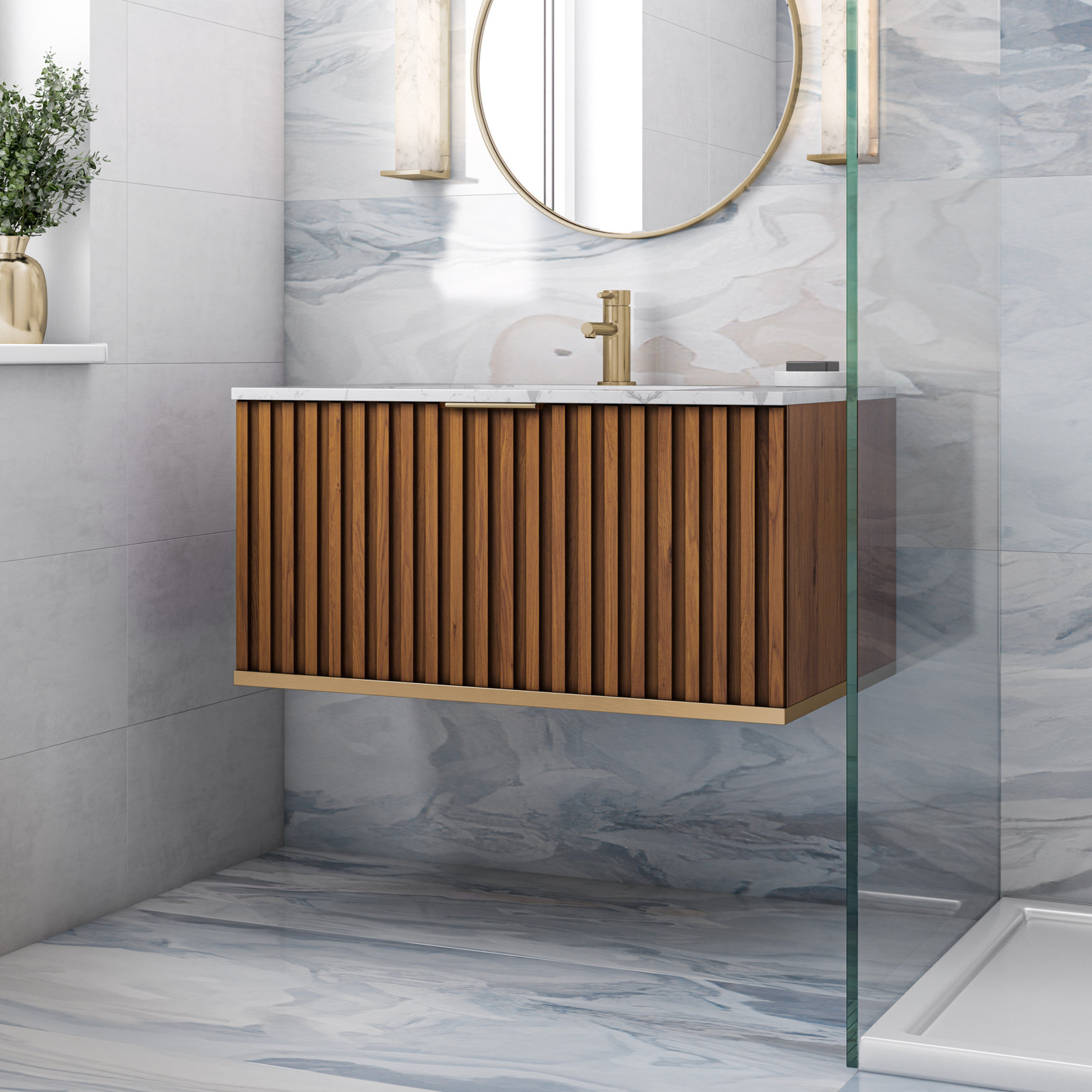 Terra 36'' Single Bathroom Vanity, Walnut, Carrara Marble/Single Faucet Mount, Satin Brass