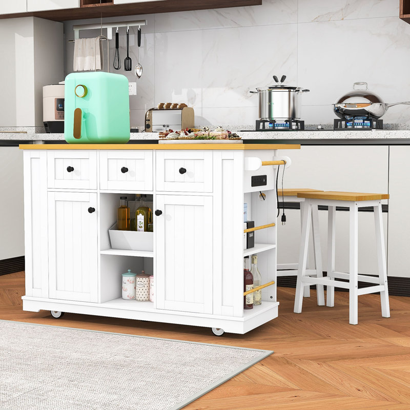 Cheryllynne 3-Piece Kitchen Island Set with Built-in Charging Station, Expandable Countertop and Two Bar Stools, White