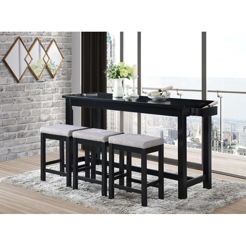 4pc Counter Height Dining Set Black Finish Counter Height Table w Drawer Built-in USB Ports Power Outlets and 3 Stools Casual Dining Furniture