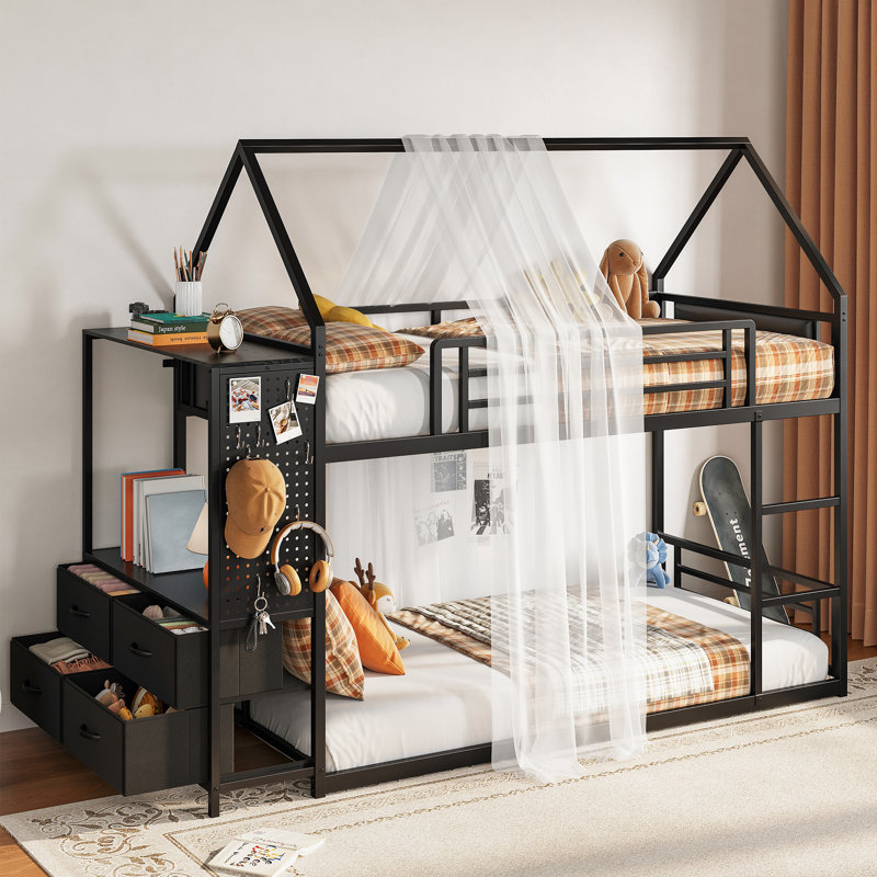Duo Bunk Bed Twin Over Twin with Drawers,Hall Tree and Guardrail, Space Saving, No Box Spring Needed, Black