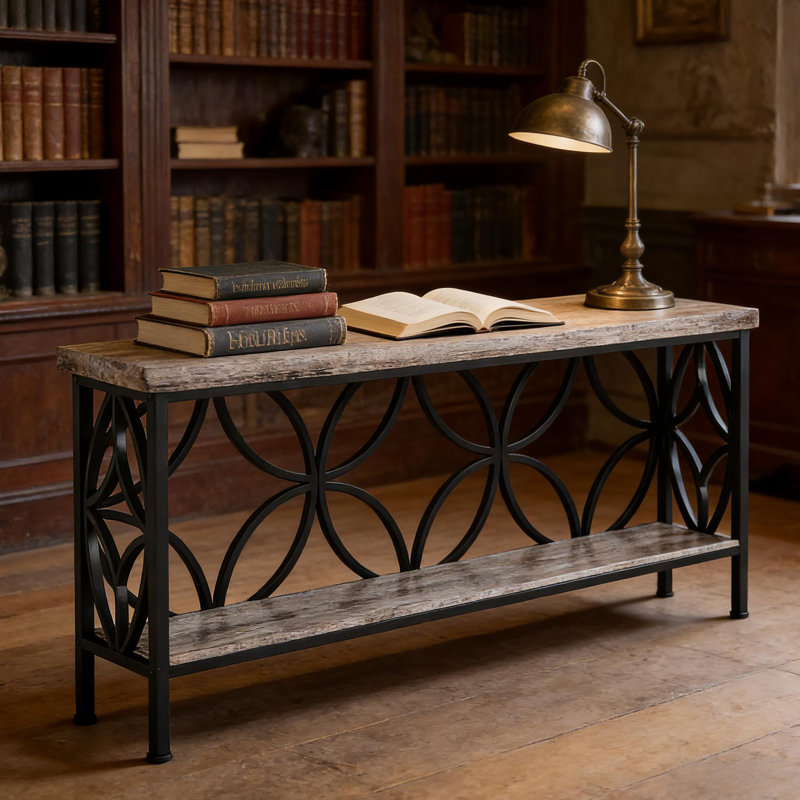 Console de style industriel à 2 niveaux avec grain de bois rétro et détails en métal noir, parfaite pour les espaces étroits et polyvalente