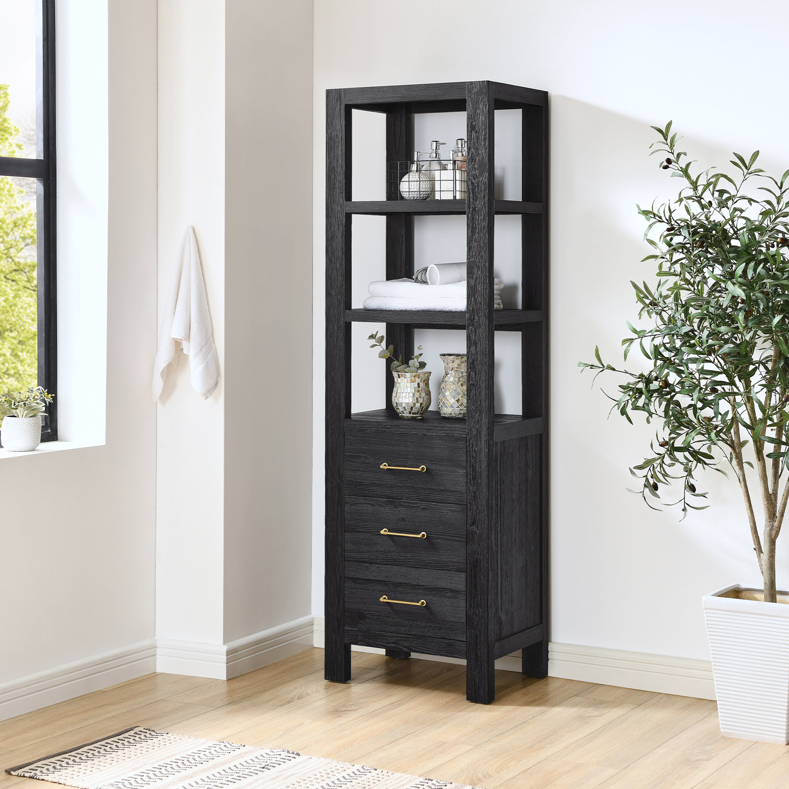 Moana Solid Wood Linen Cabinet, Black