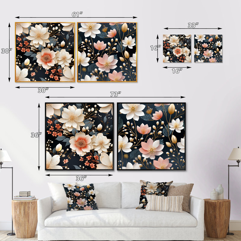 Isabella - Ensemble de 2 collages carrés botaniques abstraits, H 16 po x l 33 po, Cadre flottant blanc