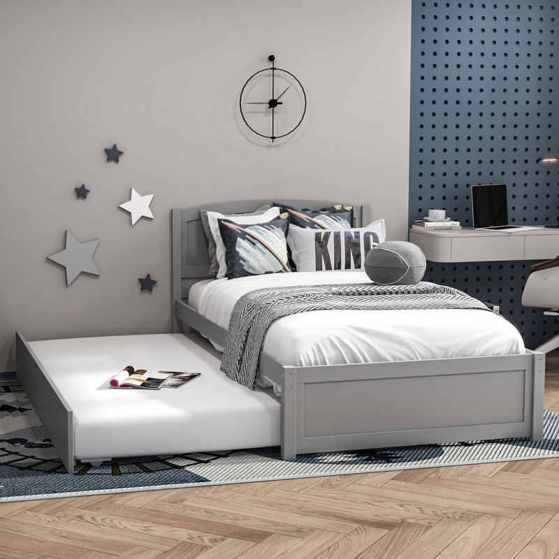 Lit plateforme simple en bois massif avec lit gigogne, gris