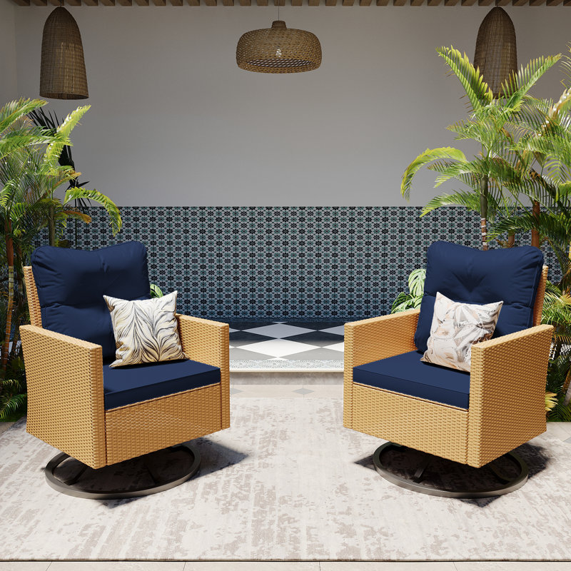 Chaise berçante d'extérieur en osier avec coussins Numenius, Beige, Navy Blue