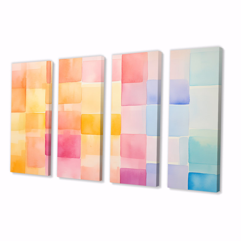 «Paster Color Cubes Patterns I» - art mural abstrait géométrique 4 pièces pour le salon, H 28 po x l 48 po