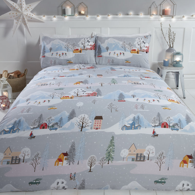 Snowy Scene Festive Dvet Cover Set, Single Duvet Cover + 1 Standard Pillowcase