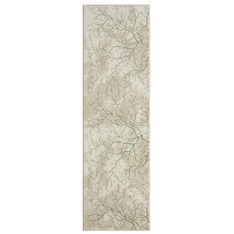 Tapis abstrait vert et beige Ksamil, Tapis de couloir 2 pi 3 po x 7 pi 10 po