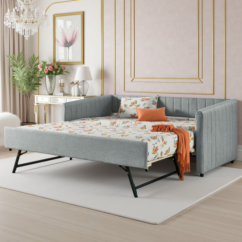 FAlano Twin Upholstered Daybed with Trundle, Vertical Channel Tufting, Linen Fabric Sofa Bed, Gray