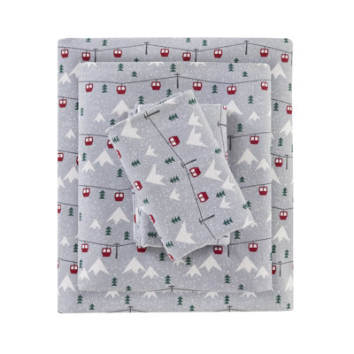100% Cotton Flannel 4 Pcs Grey Ski Jump King Sheet , Brushed Both Sides For Softness, Machine Washable Easy Care, With 1 Fitted Sheet, Flat 2 Pillowcases, Elasticized Fit, - In Flannel, Fully