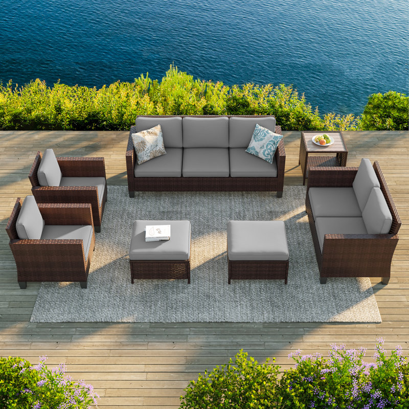 7 Pieces PE Rattan Furniture Set with Side Table and Patio Chair, Brown, Gray
