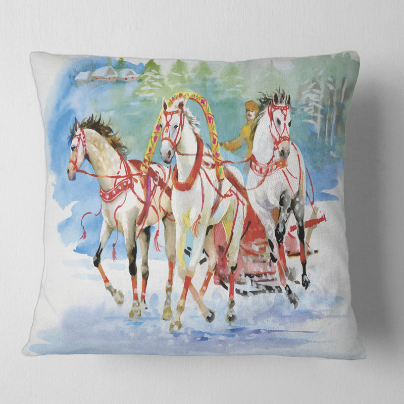 Housse et housse de coussin Galop, chevaux et chariot dans la neige, 16" x 16"