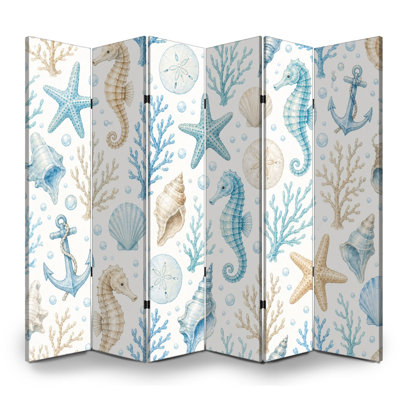6 panneaux de paravents pliants Royal Nautical Seahores étoiles de mer coquillages corail couleurs pastel toile séparateur de pièce séparateur de protection autoportant cloison d'intimité pour salle de bain