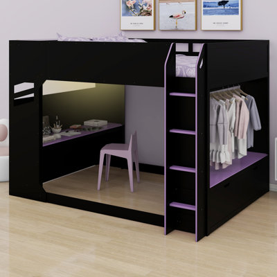 Lit mezzanine fonctionnel en bois avec bureau, tiroirs de rangement, tringle à vêtements et éclairage RVB