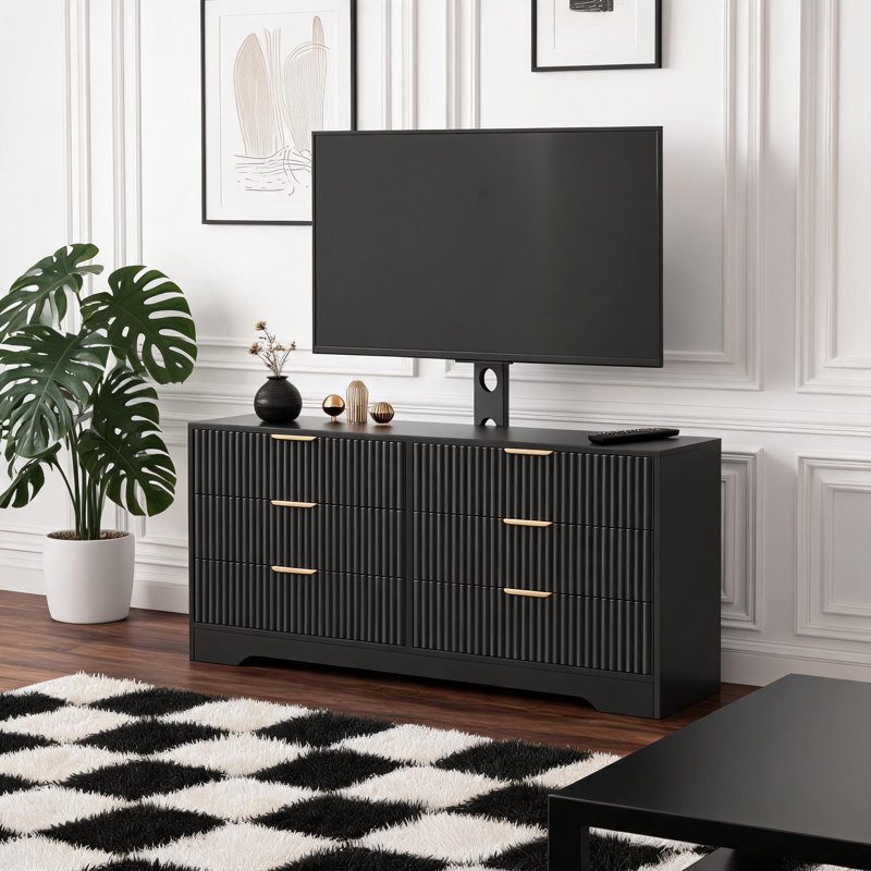 Meuble télé moderne de 47 pouces avec support mural et 6 tiroirs cannelés pour téléviseurs jusqu'à 65 pouces.