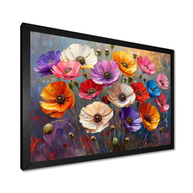 Bouquet rayonnant rose coquelicots rouges - coquelicots, Toile encadrée noire simple, H 12 po x l 20 po x P 1 po