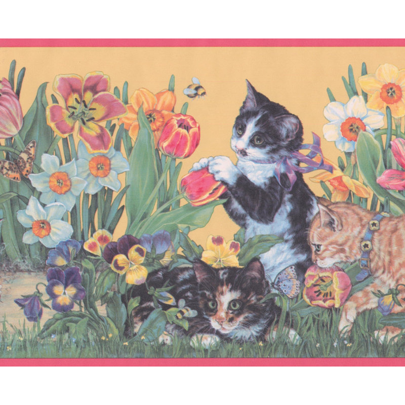 Bordure de papier peint à motif de fleurs de L 15 pi x l 8 po Procopio Kittens Flowers