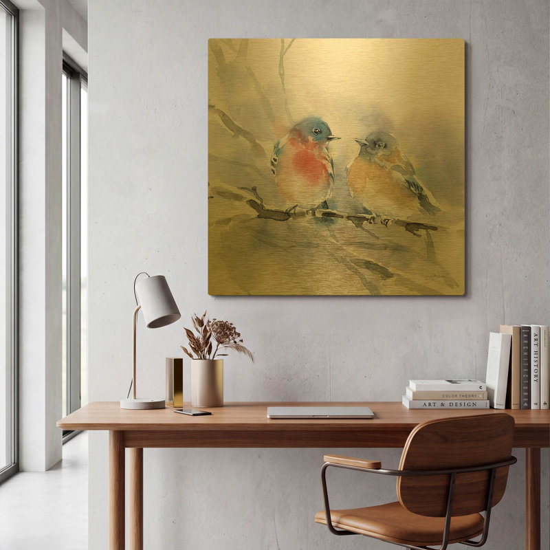 «Bluebird pair» par Katrina Pete, art mural en métal doré, 36 po x 36 po, 36 po x 36 po