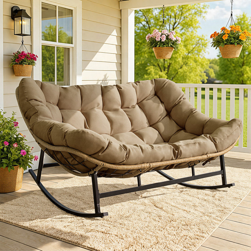 Causeuse de patio surdimensionnée pour 2 personnes avec coussin épais Papasan, Brown