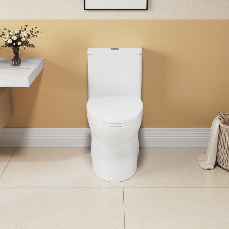 Une toilette, 1,1 / 1,6, hauteur confort allongée, fixation au sol, céramique, blanc, siège à fermeture en douceur et céramique