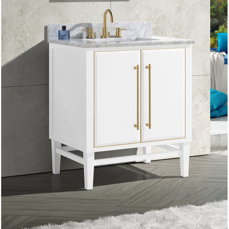 Mason 30" Single Bathroom Vanity with Carrara Marble Top, Carrara White, Matte Gold, Navy Blue