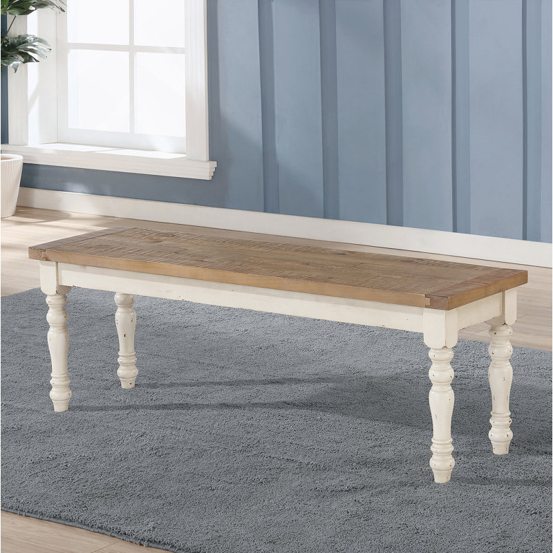 Banc de salle à manger rembourré en bois deux tons, blanc antique et chêne vieilli, Antique White/Distressed Oak