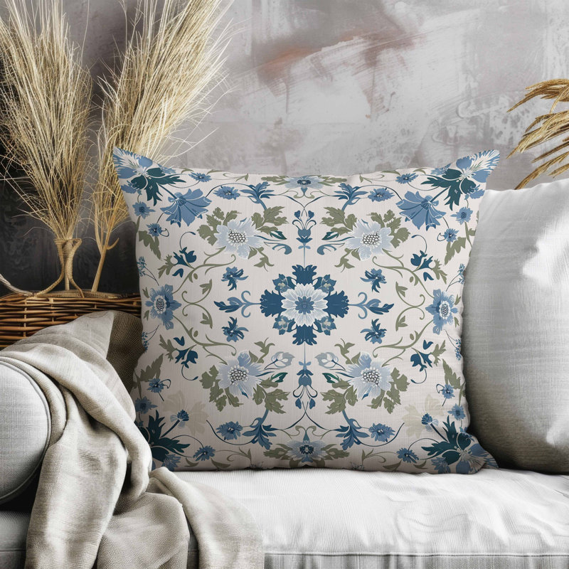 Coussin en suède Moonlit Blossoms, Carré 20 po, Bleu / Vert