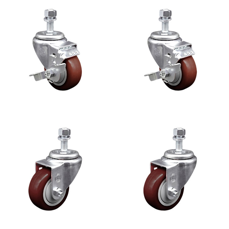 Ensemble de roulettes à tige filetée 3 pouces en polyuréthane pivotant 12 mm 2 freins SCC