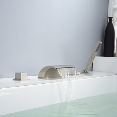 Robinet de baignoire romaine à deux poignées cascade à haut débit avec inverseur et douche à main, nickel brossé Sumerain