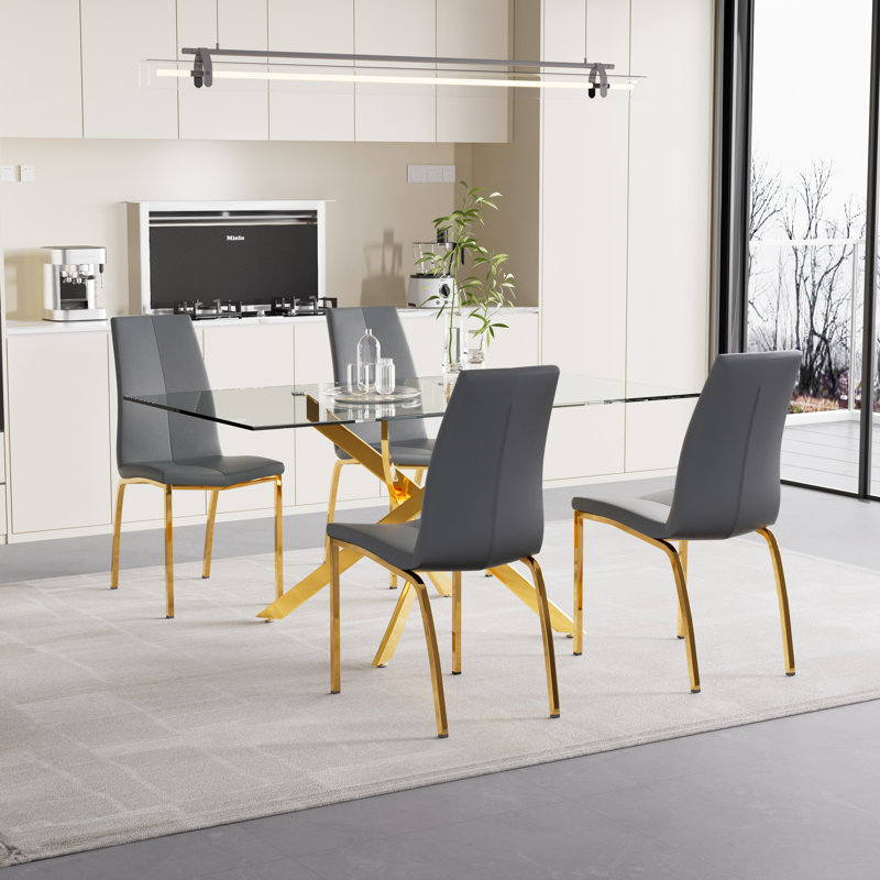 Bezons 4 - Person Glass Top Pedestal Dining Set, Gray/Gold