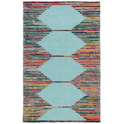 Knylah Hand Tufted Wool/Cotton Striped Rug in Teal/Red