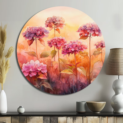 Hydrangea Field At Sunset I - Hydrangea Round Metal Wall Art, Traditional Pink Metal Art Print
