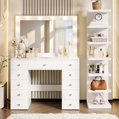 Vanity Desk with 11 Hollywood Bulbs & 7-Tier Storage Shelves, Makeup Vanity with Power Outlet, 11 Drawers, 3 Color Lighting Modes, Display Shelf & Crystal Handles, White