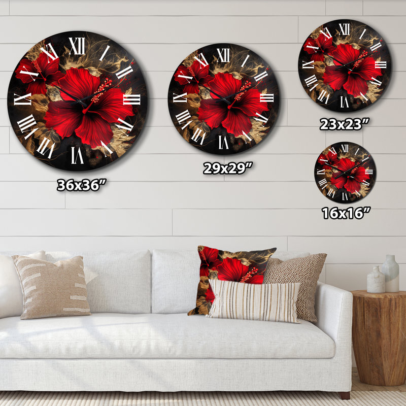 Horloge murale rouge - Hibiscus doré sur fond noir II, Petit