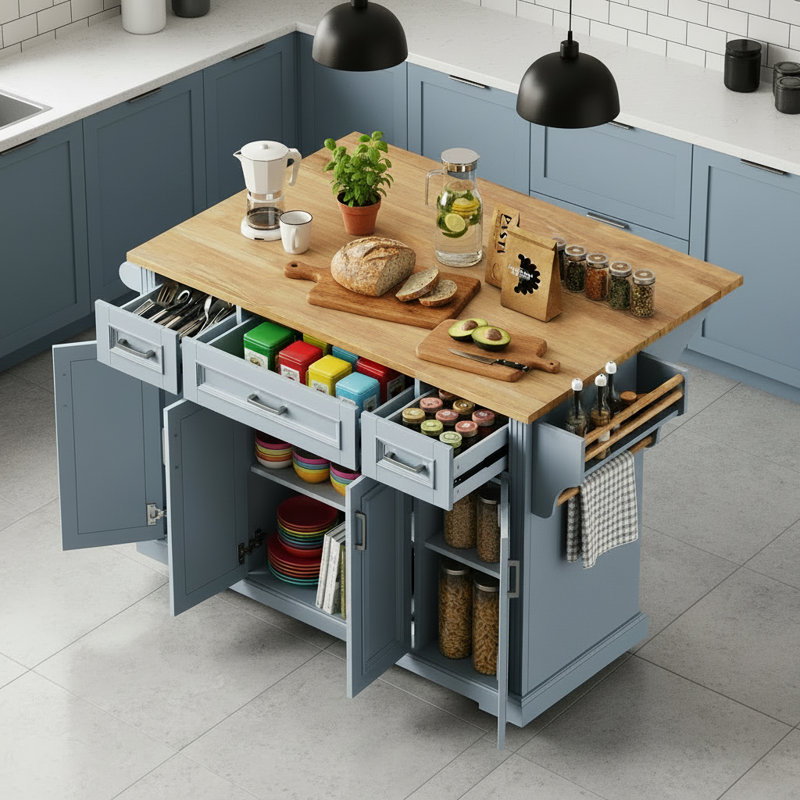 Multifunctional Gray-Blue Rolling Kitchen Island With Rubberwood Folding Countertop, 4 Wheels For Easy Movement, 4 Doors, And 3 Drawers For Storage.