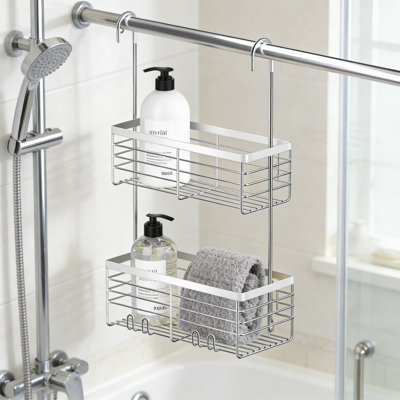 2-Tier Over The Door Shower Caddy Organizer, 304 Stainless Steel Rustproof Bathroom Storage Rack With 360° Rotating Hanging Rod For Shampoo And Bath Essentials