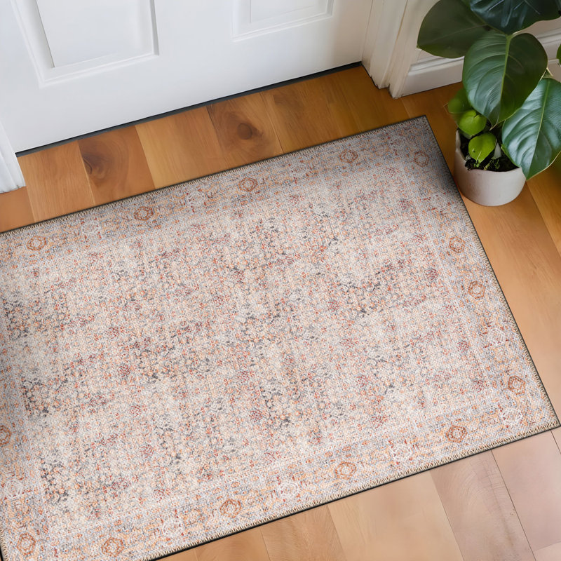 Delano Terracotta Floral Pattern Rug – Washable Low Pile Rug With Non-Slip Backing, Rectangle 2' x 3'