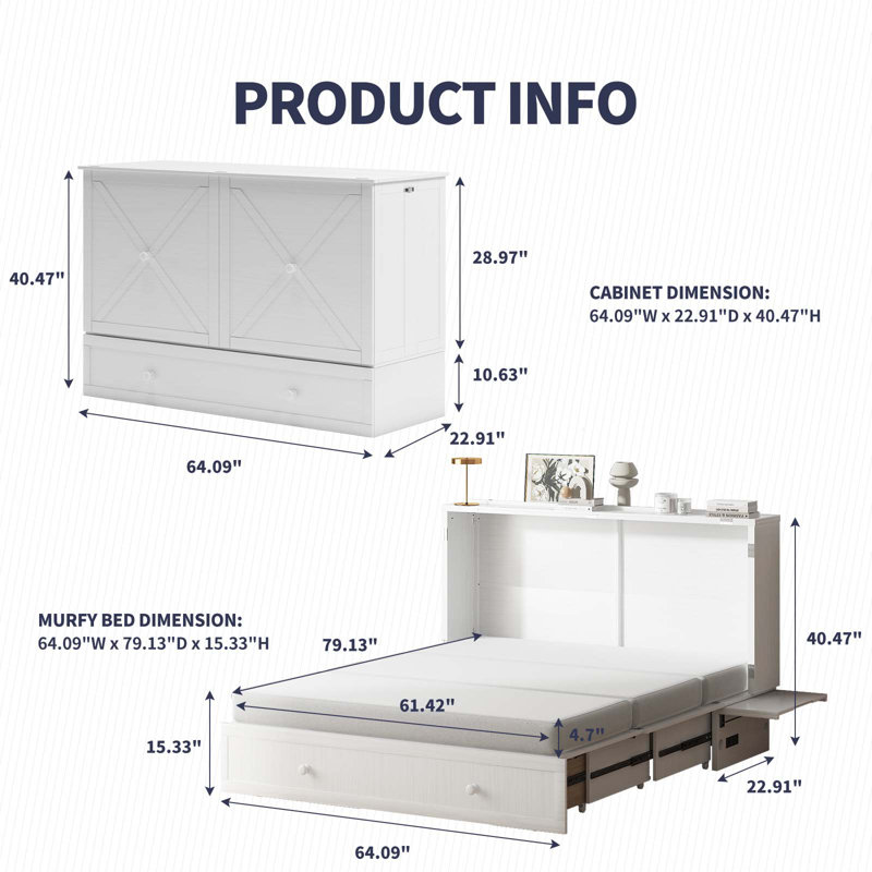 Jamice Queen Size Murphy Bed with Mattress and Built in Charging,Space-Saving Bed for Guest Room, White