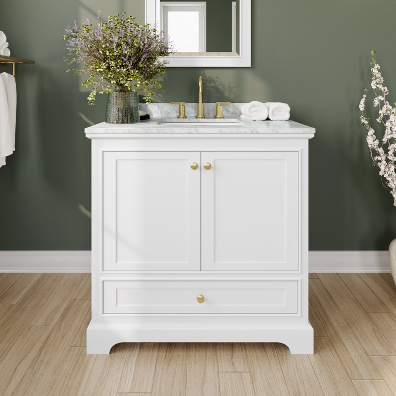 Deborah 36'' Single Bathroom Vanity with Marble Top, White, Brushed Gold