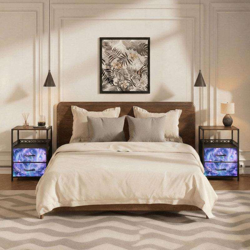 Table de chevet 2 tiroirs avec station de charge, table de chevet de chambre à coucher avec ports USB, tablette ouverte noire, table de chevet avec impression de cristal cascade d'îles flottantes de rêve onirique