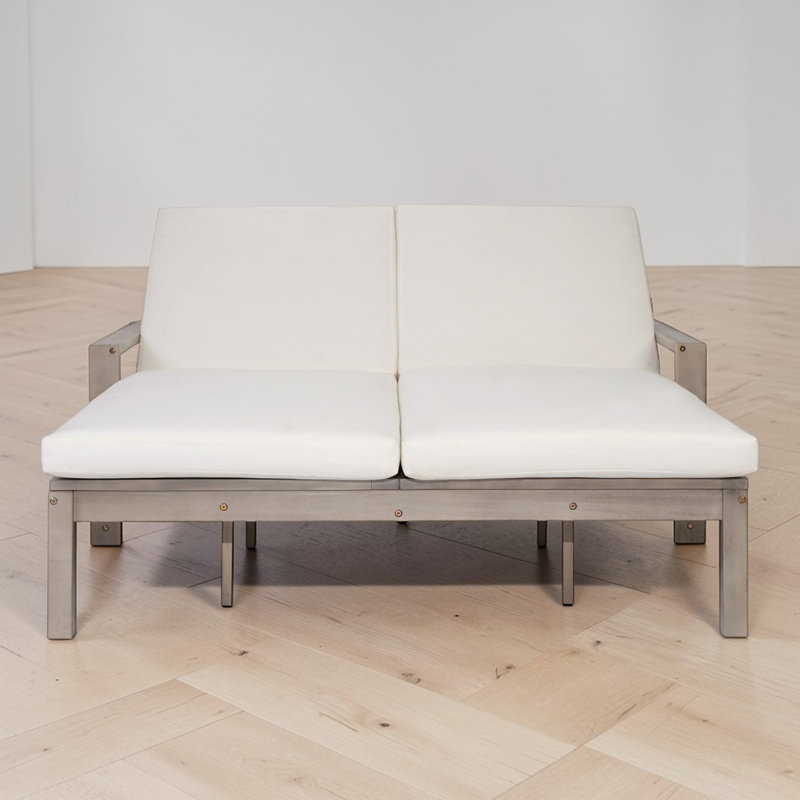 Double chaise longue d'extérieur, dossier réglable à 5 positions, bois massif, coussins indépendants doubles, contemporain, au bord de la piscine, détente sur le patio