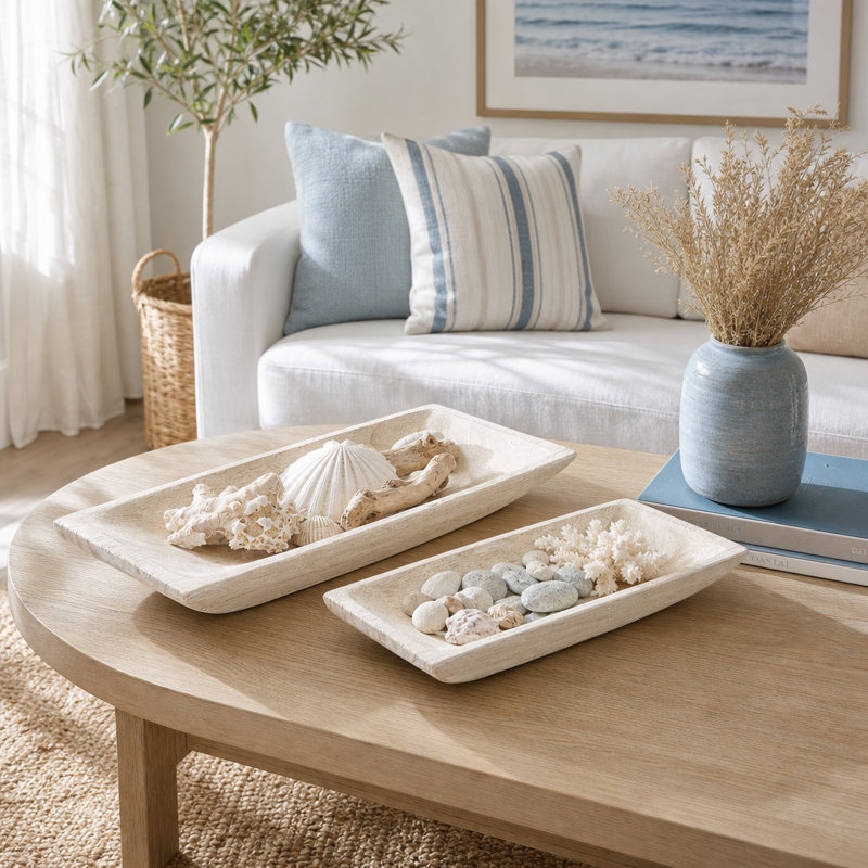 Modern Rectangular Wooden Bowl Tray for Home Decor - Decorative Accent Bowl for Coffee Table, Console, and Coastal Tabletop Styling - Set of 2, 20"