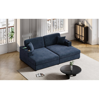 Spacious Blue Corduroy Sleeper With Two Ports, Drink Supports And Warm Pillows For Bedroom Sectional Bed Convenient Cup Holders Cozy Living Spaces